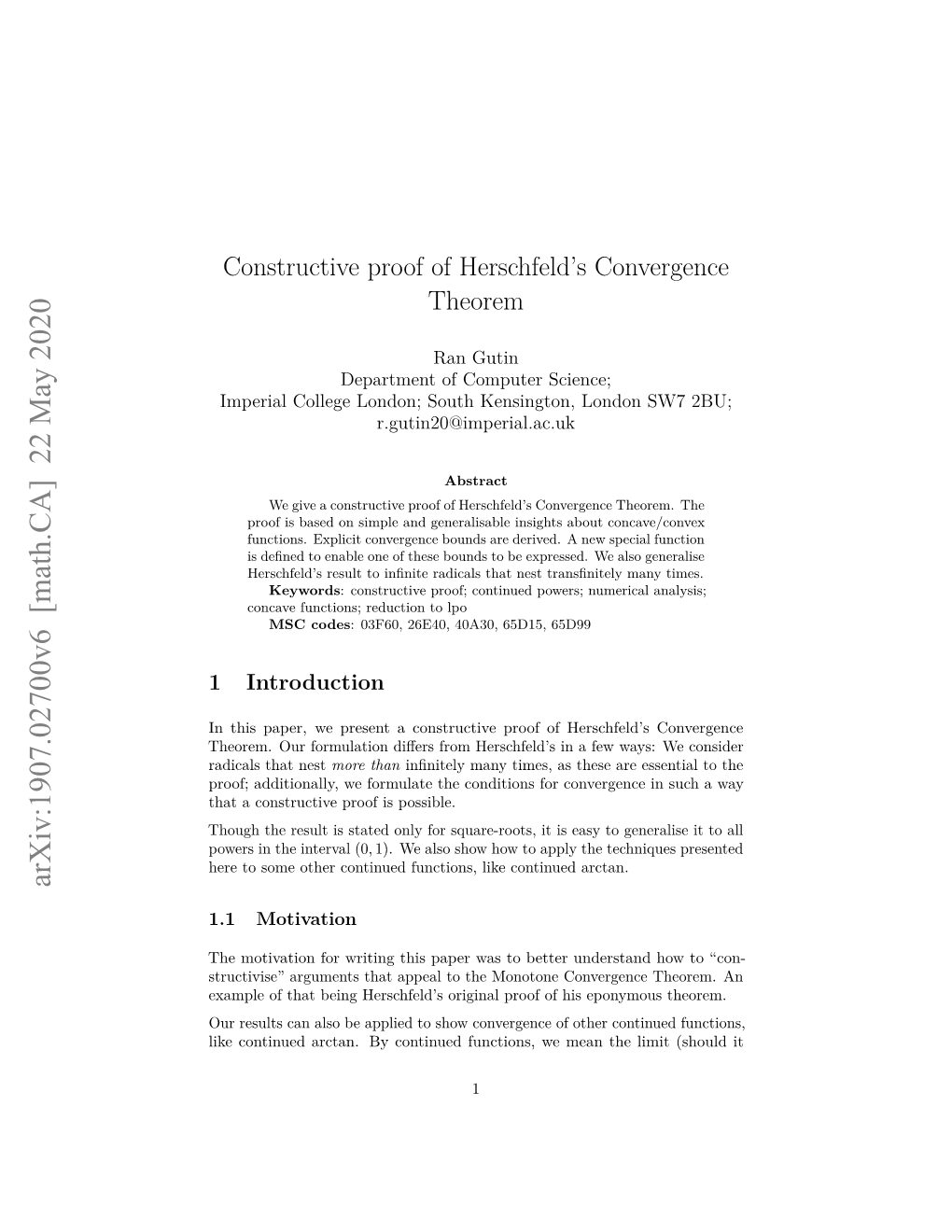 Constructive Proof of Herschfeld's Convergence Theorem