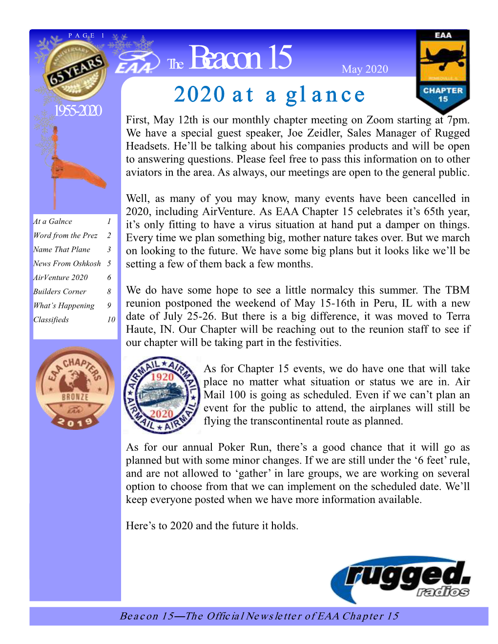 The Beacon 15 May 2020 2020 at a Glance 1955-2020 First, May 12Th Is Our Monthly Chapter Meeting on Zoom Starting at 7Pm