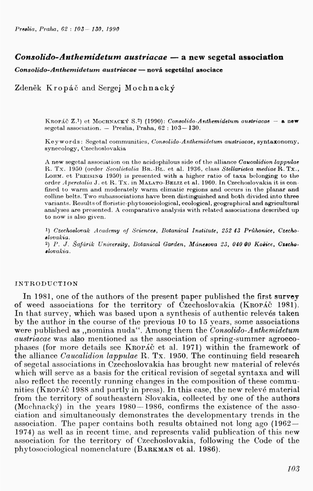 A New Segetal Association Consolido-Anthemidetum Austriacae - Nova Segetalni Asociace