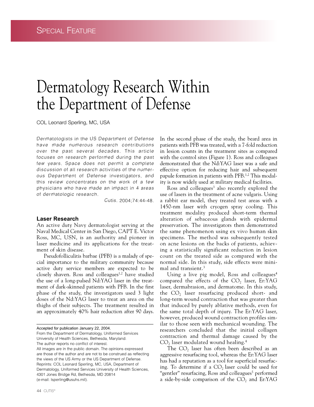 Dermatology Research Within the Department of Defense