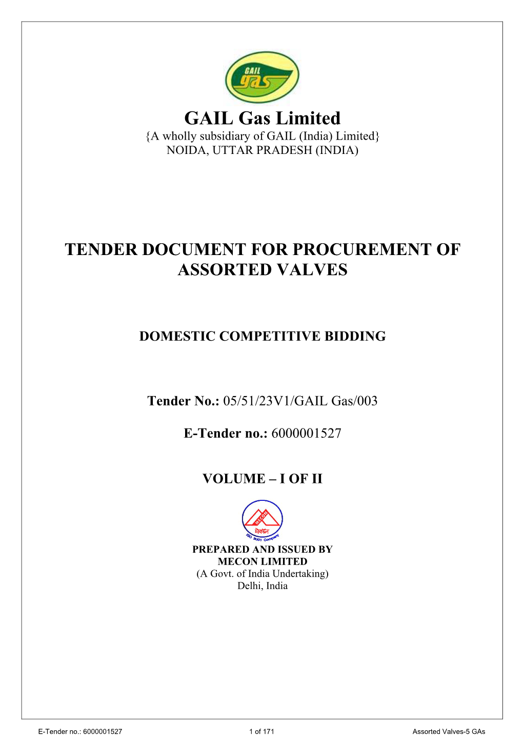 Tender Document for Procurement of Assorted Valves