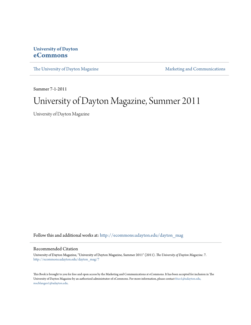 University of Dayton Magazine, Summer 2011 University of Dayton Magazine