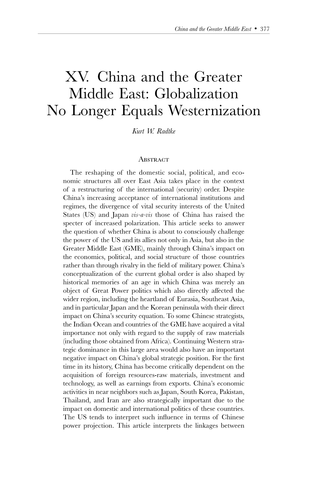 XV. China and the Greater Middle East: Globalization No Longer Equals Westernization