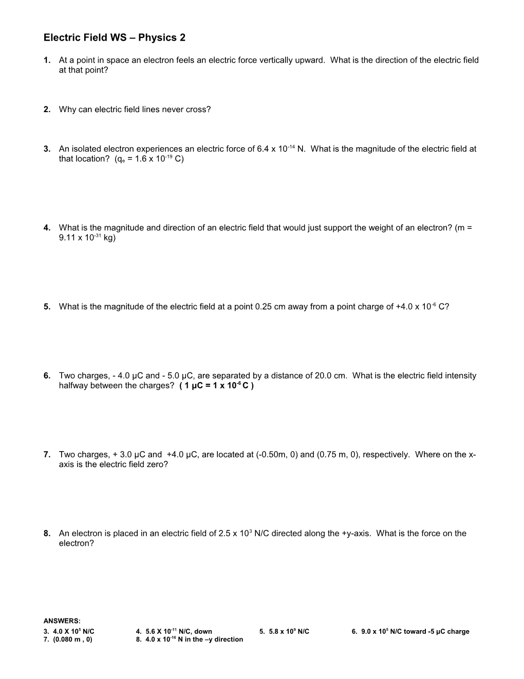 Electric Field WS Physics 2