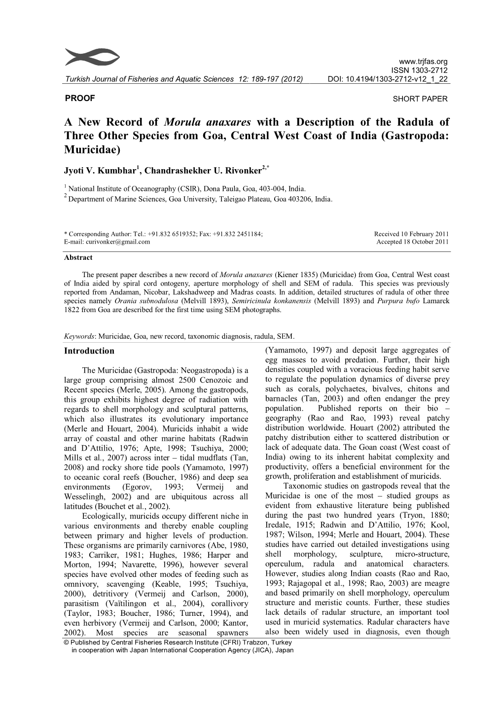 A New Record of Morula Anaxares with a Description of the Radula of Three Other Species from Goa, Central West Coast of India (Gastropoda