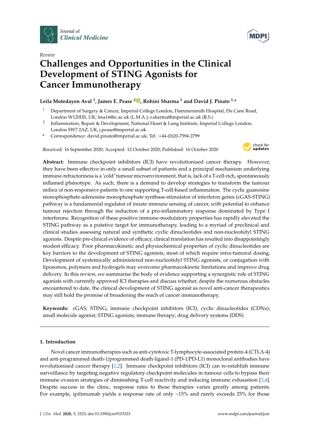 Challenges and Opportunities in the Clinical Development of STING Agonists for Cancer Immunotherapy