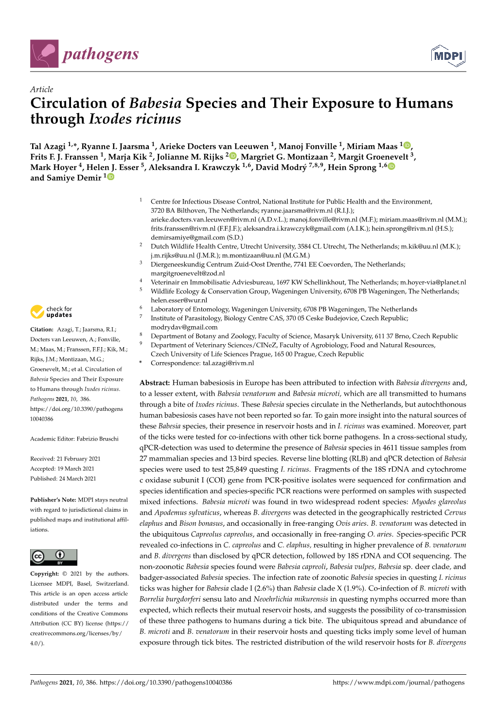 Circulation of Babesia Species and Their Exposure to Humans Through Ixodes Ricinus