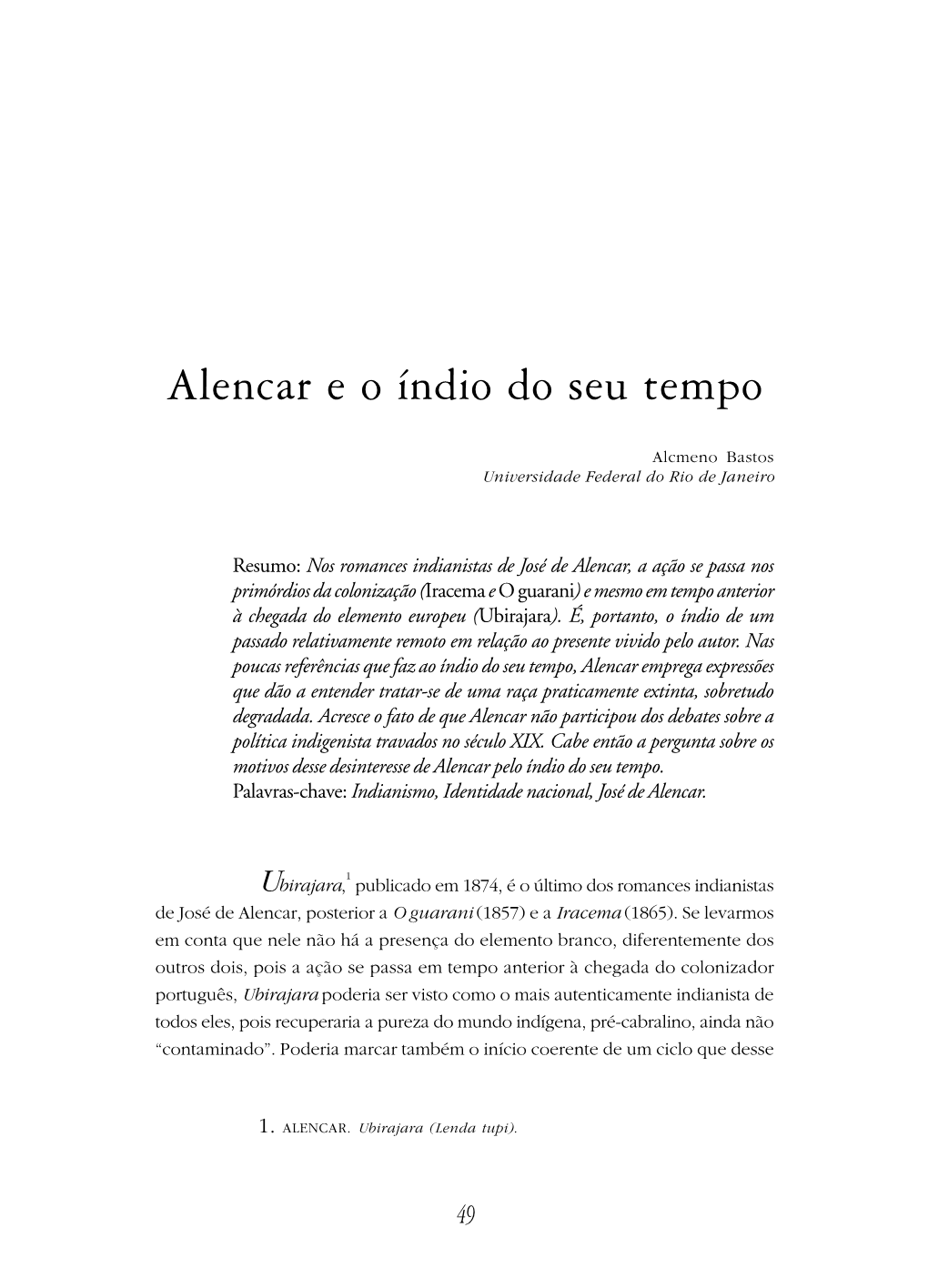 Alencar E O Índio Do Seu Tempo