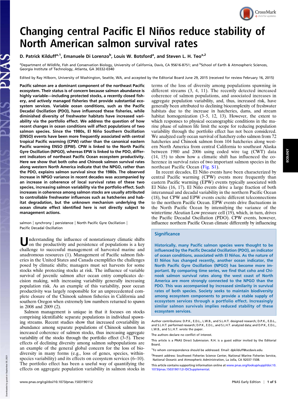 Changing Central Pacific El Niños Reduce Stability of North American Salmon Survival Rates