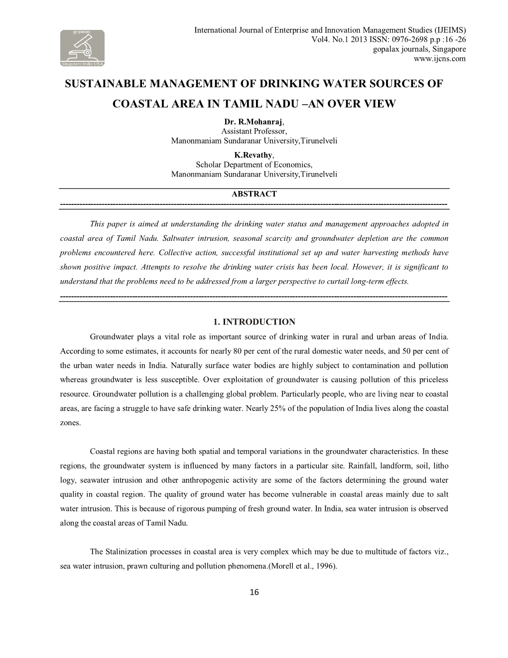 SUSTAINABLE MANAGEMENT of DRINKING WATER SOURCES of COASTAL AREA in TAMIL NADU –AN OVER VIEW Dr