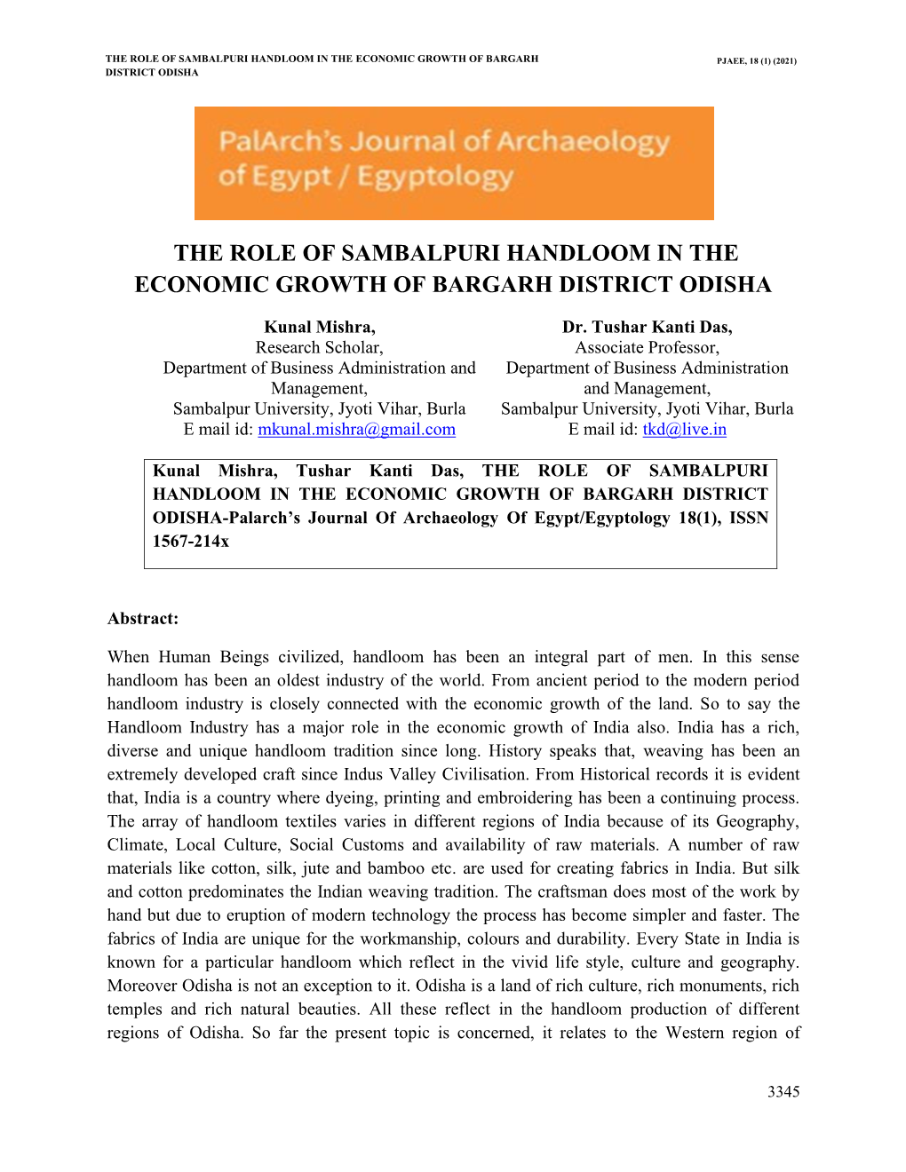 The Role of Sambalpuri Handloom in the Economic Growth of Bargarh Pjaee, 18 (1) (2021) District Odisha