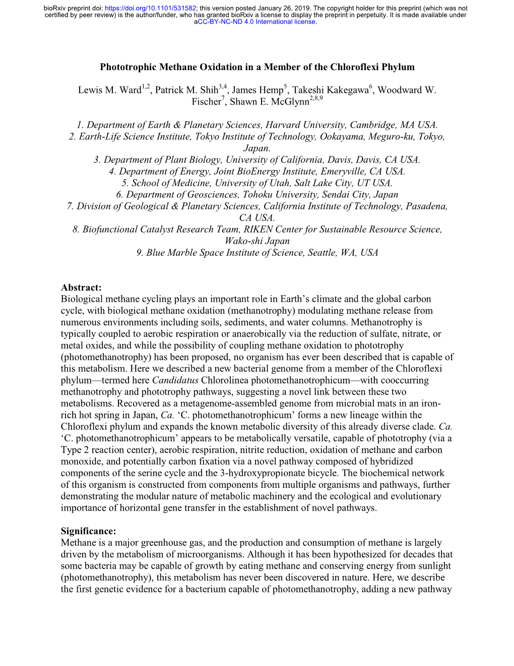 Phototrophic Methane Oxidation in a Member of the Chloroflexi Phylum