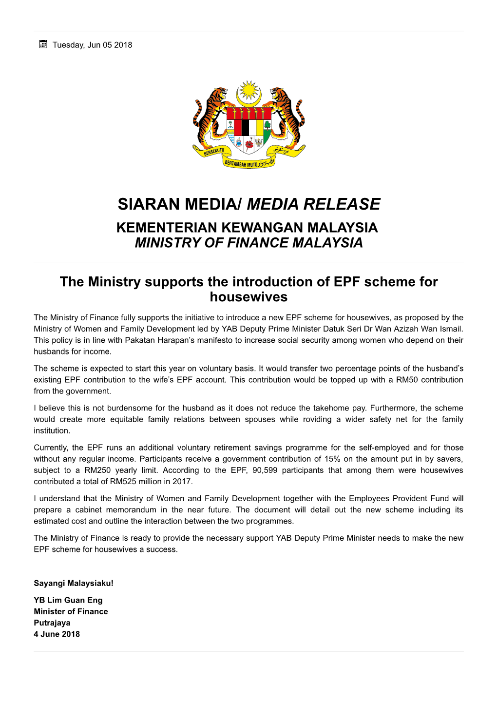Media Release Kementerian Kewangan Malaysia Ministry of Finance Malaysia