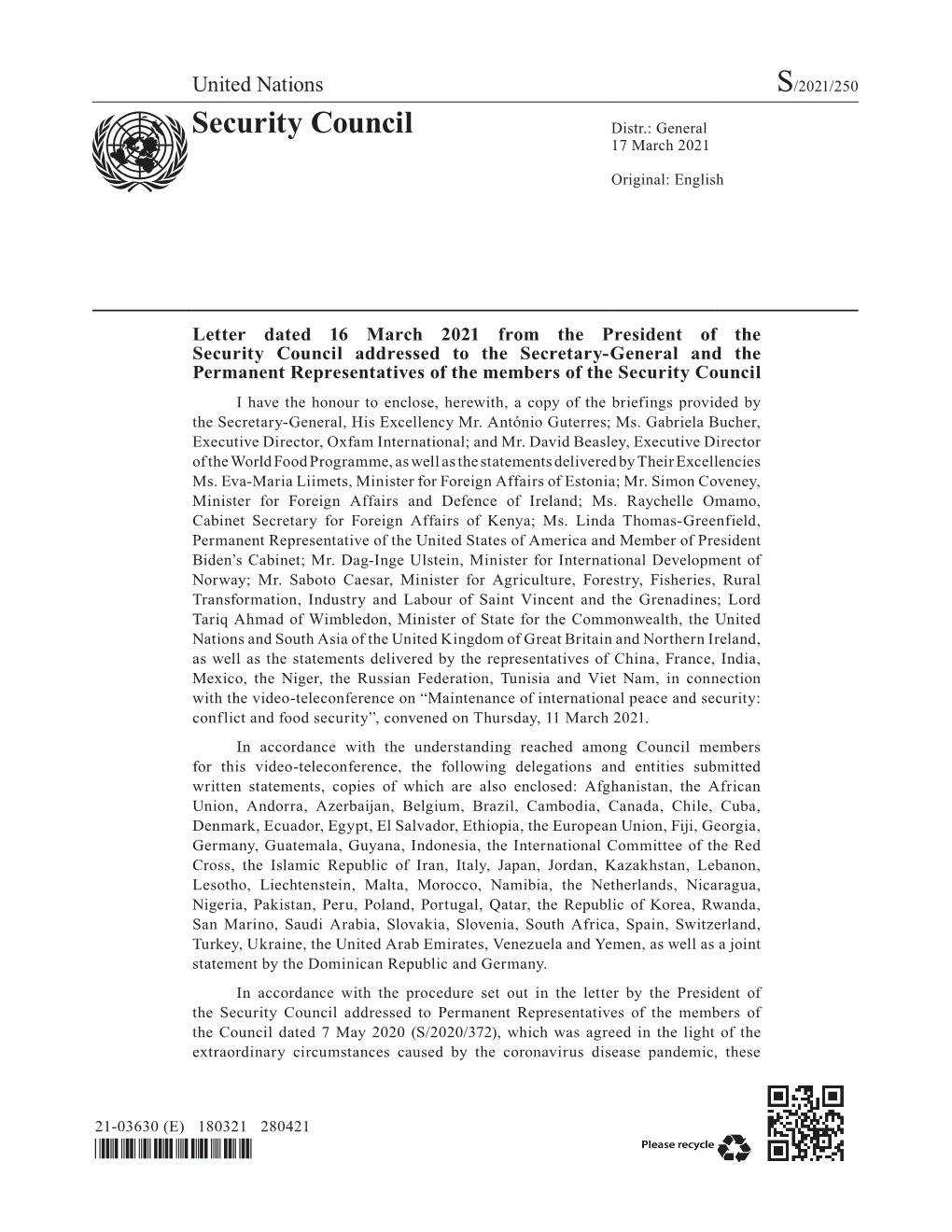 Letter Dated 15 March 2021 from the President of the Security Council