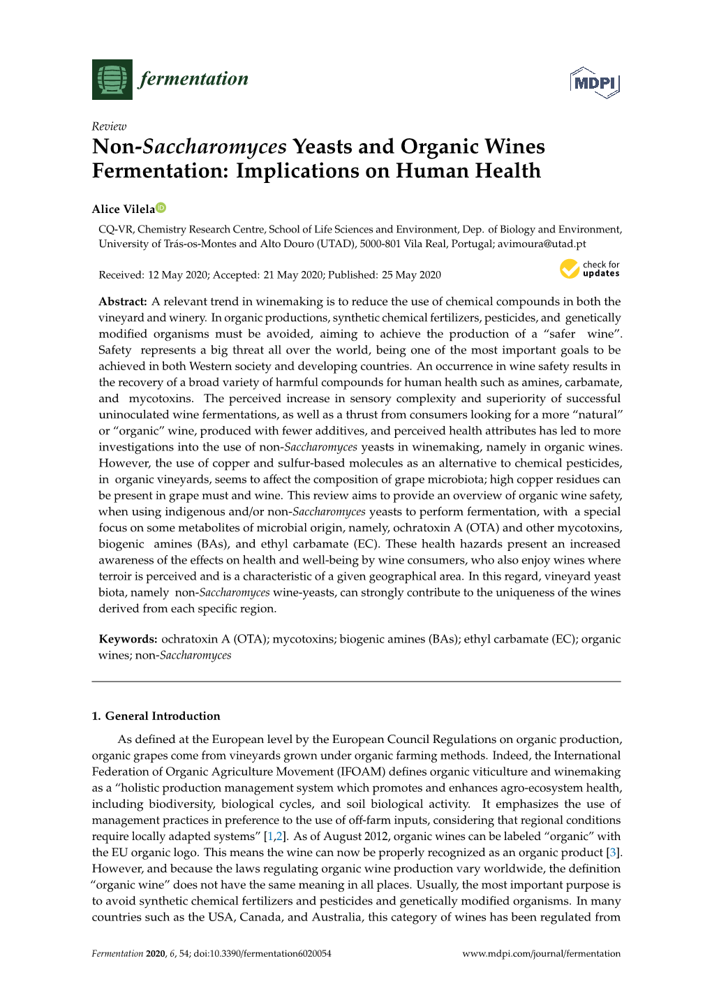 Non-Saccharomyces Yeasts and Organic Wines Fermentation: Implications on Human Health