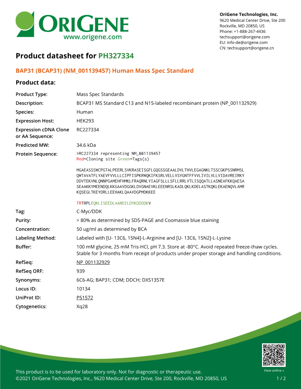 BAP31 (BCAP31) (NM 001139457) Human Mass Spec Standard Product Data