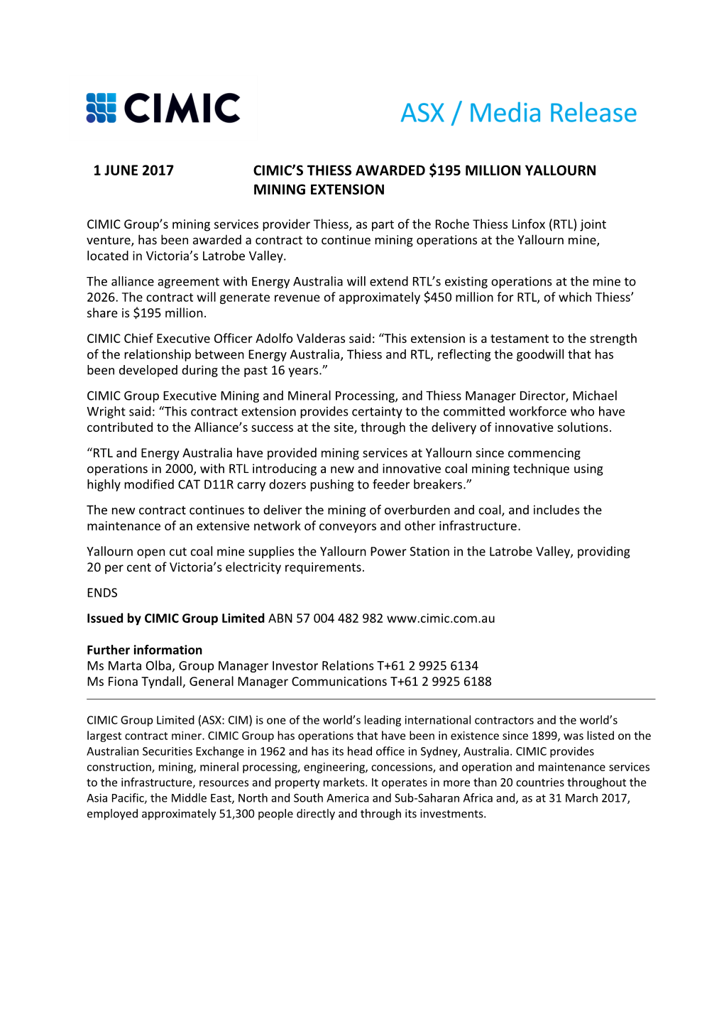 1 June 2017 Cimic's Thiess Awarded $195 Million