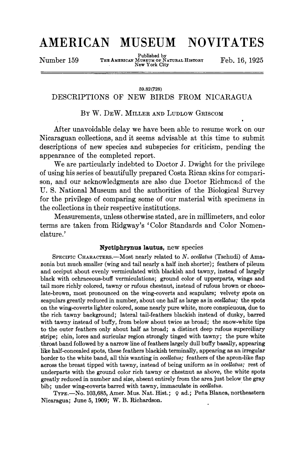 AMERICAN MUSEUM NOVITATES Published by Number 159 the AMERICAN MUSEUM of NATURAL HISTORY Feb