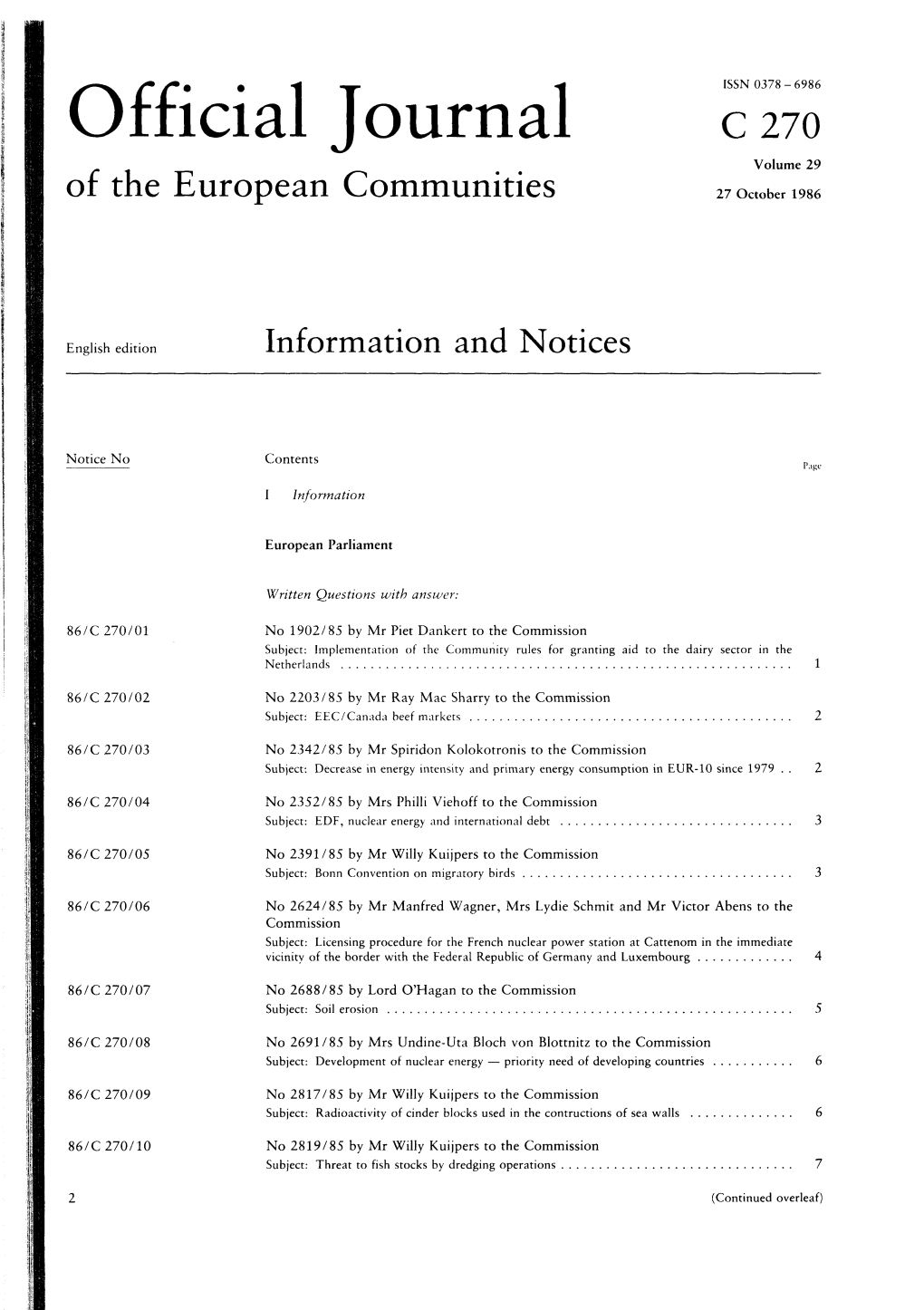 Official Journal C270 Volume 29 of the European Communities 27 October 1986