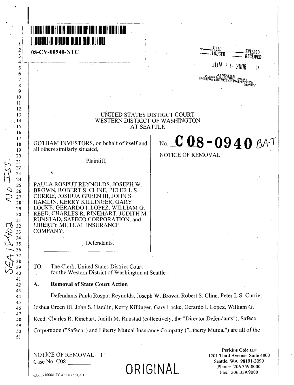 Gotham Investors, Et Al. V. Safeco Corporation, Et Al. 08-CV-00940