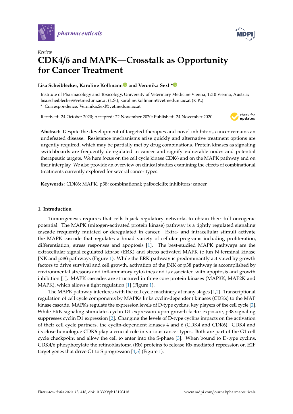 CDK4/6 and MAPK—Crosstalk As Opportunity for Cancer Treatment