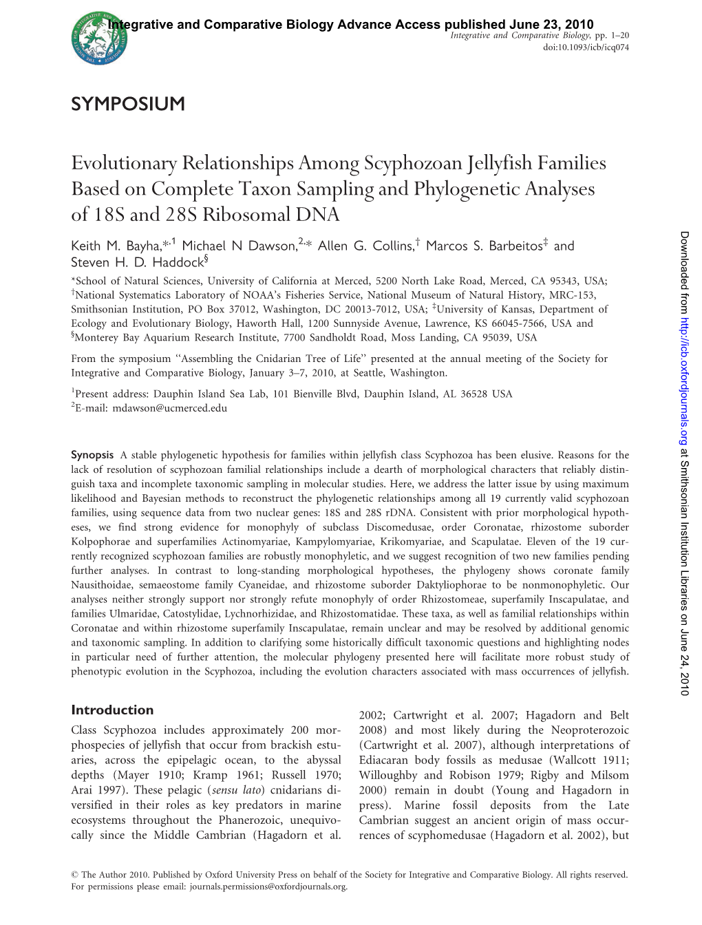 Evolutionary Relationships Among Scyphozoan Jellyfish Families