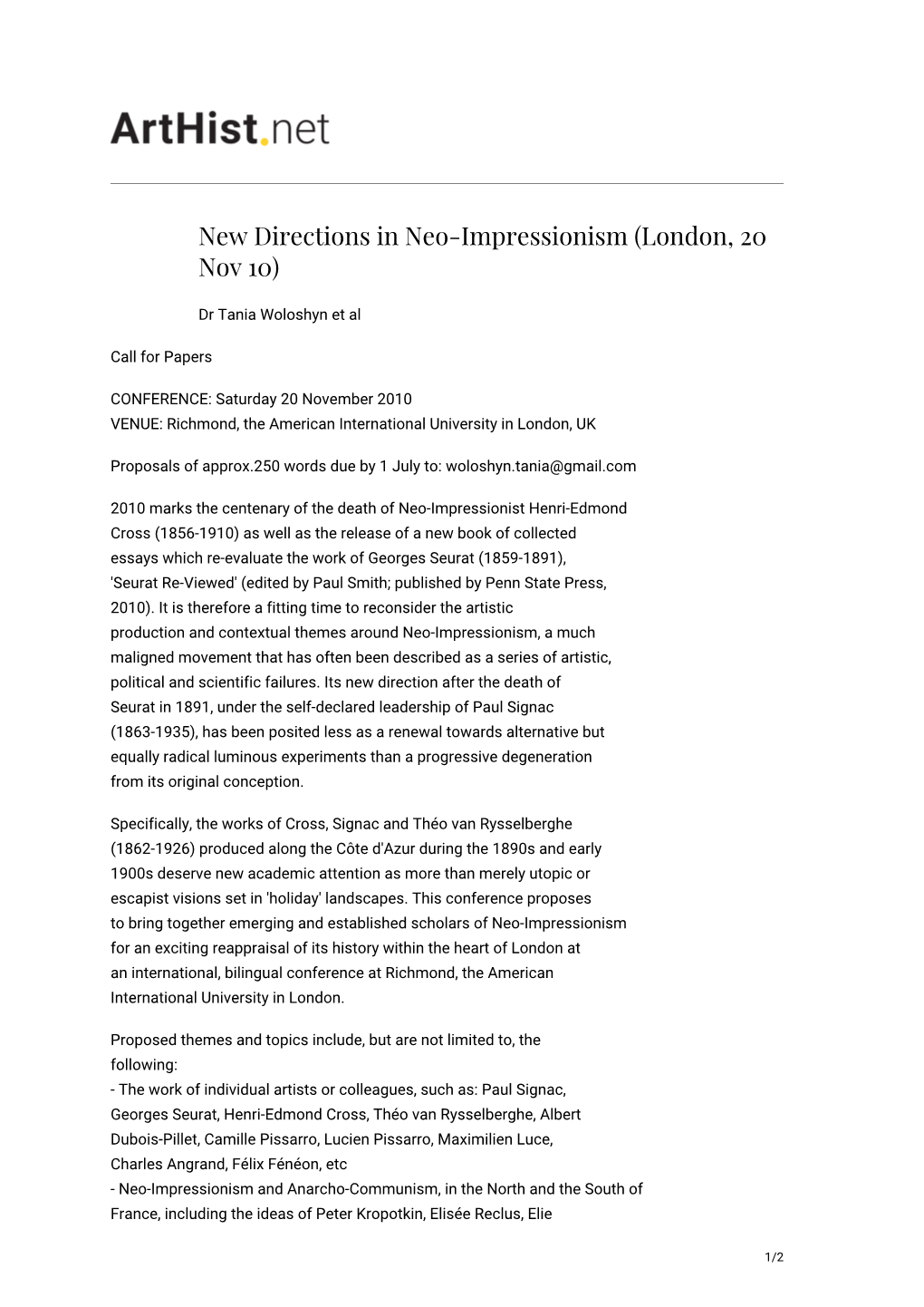 New Directions in Neo-Impressionism (London, 20 Nov 10)