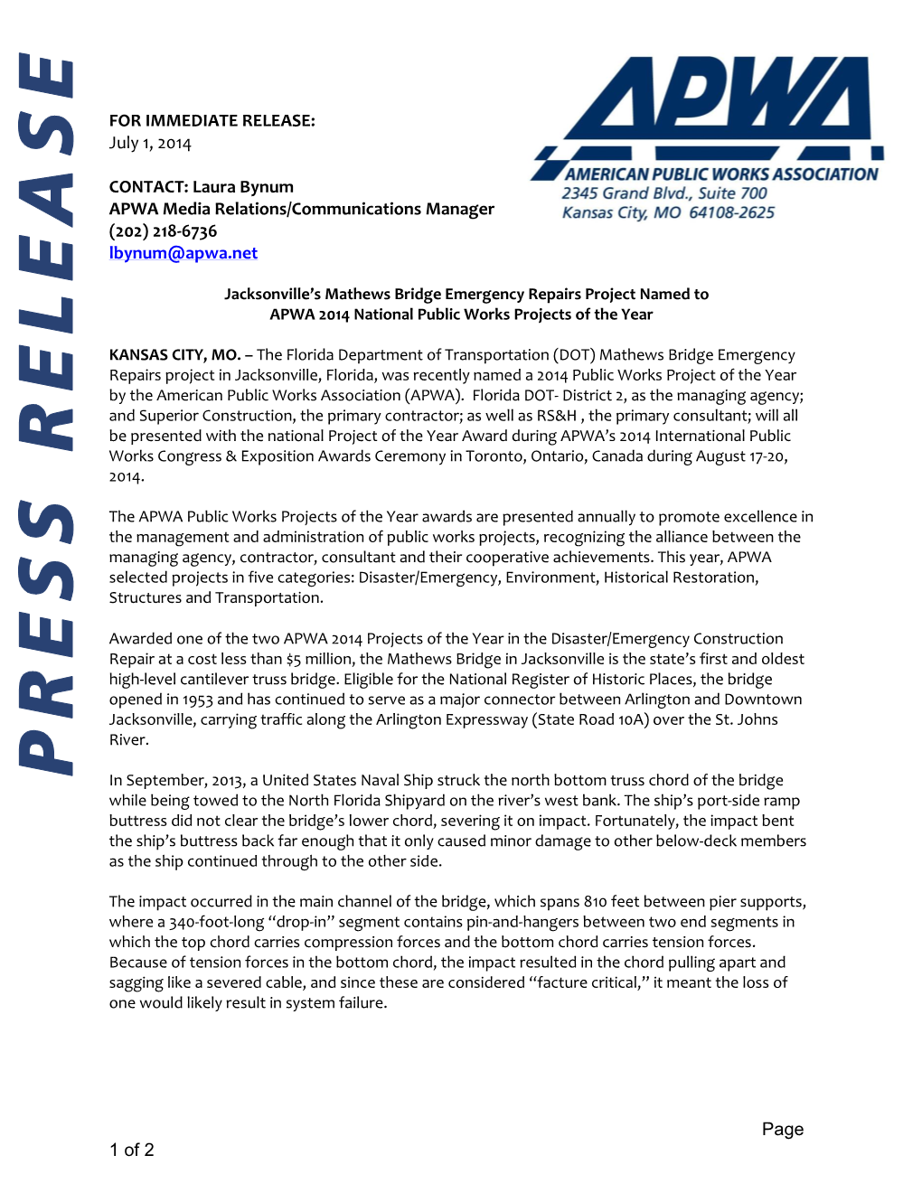 Mathews Bridge Emergency Repairs Project Named to APWA 2014 National Public Works Projects of the Year