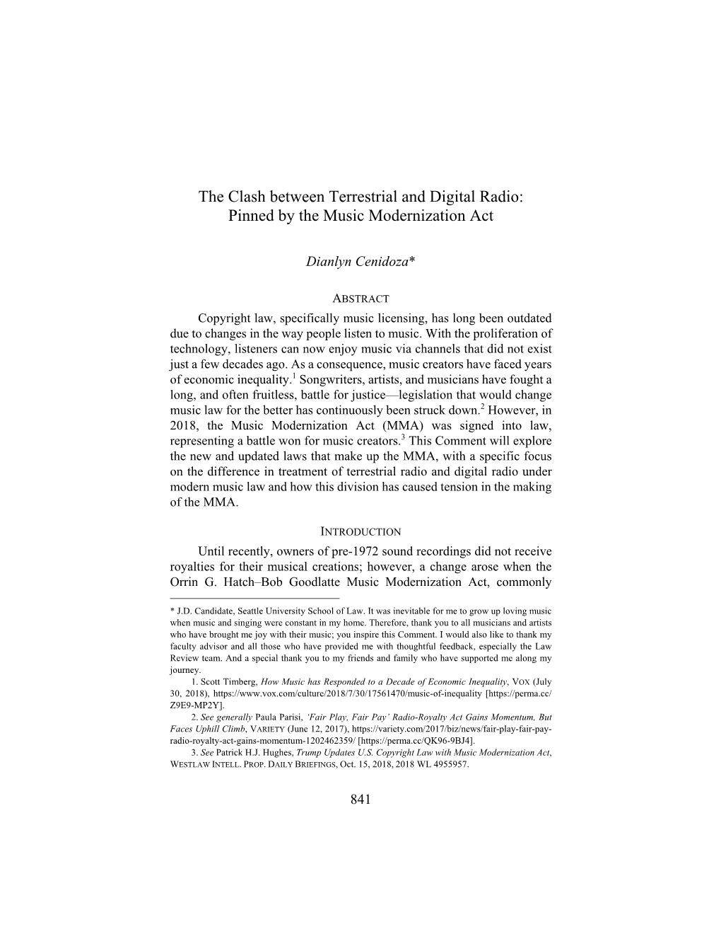 The Clash Between Terrestrial and Digital Radio: Pinned by the Music Modernization Act