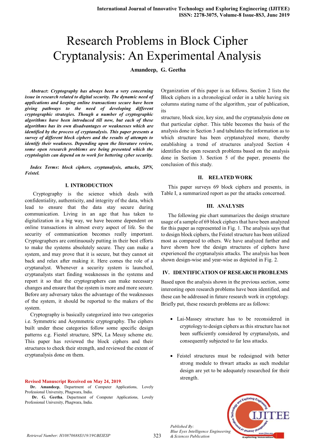 Research Problems in Block Cipher Cryptanalysis: an Experimental Analysis Amandeep, G