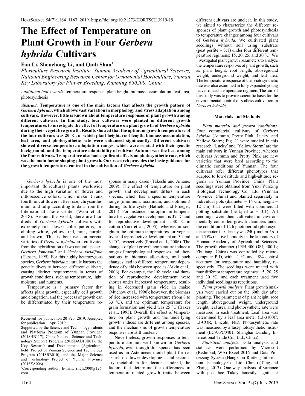 The Effect of Temperature on Plant Growth in Four Gerbera Hybrida