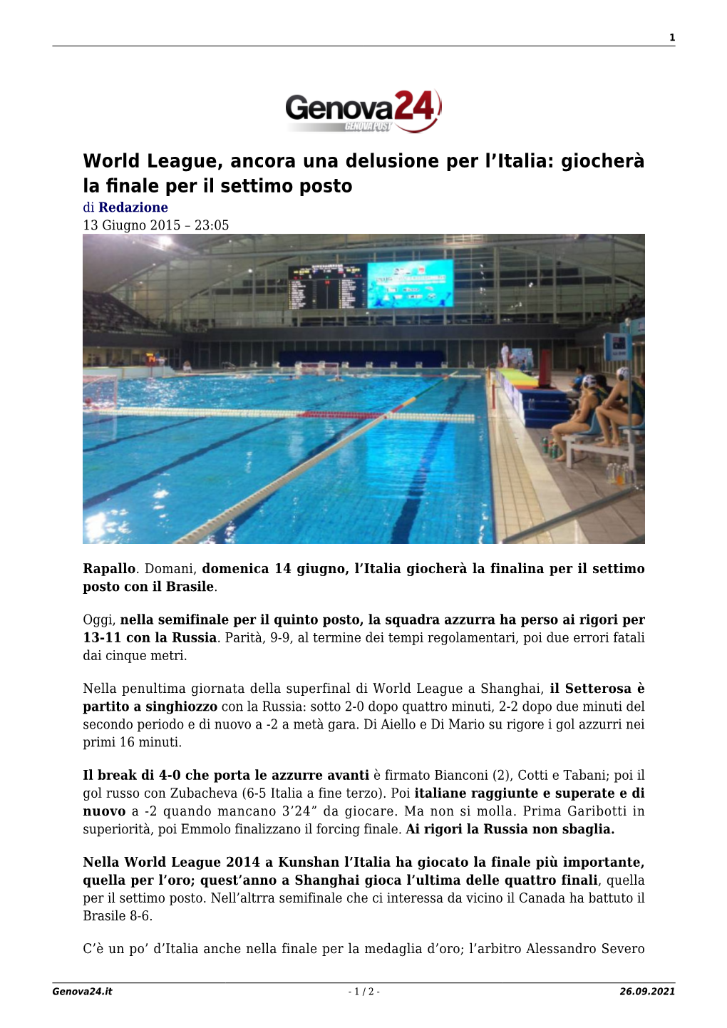 World League, Ancora Una Delusione Per L'italia