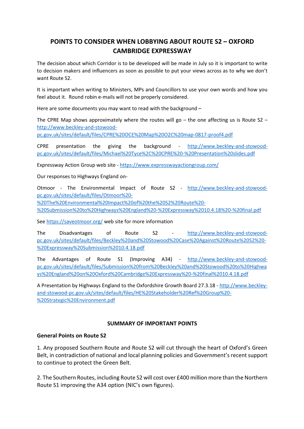 Points to Consider When Lobbying About Route S2 – Oxford Cambridge Expressway