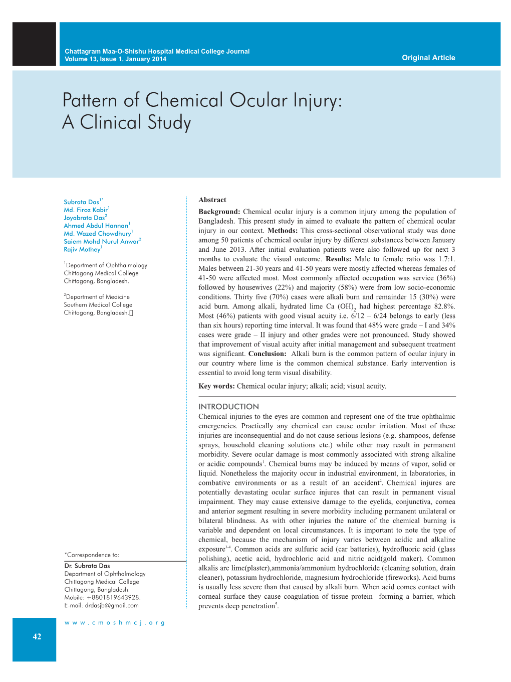 Pattern of Chemical Ocular Injury: a Clinical Study