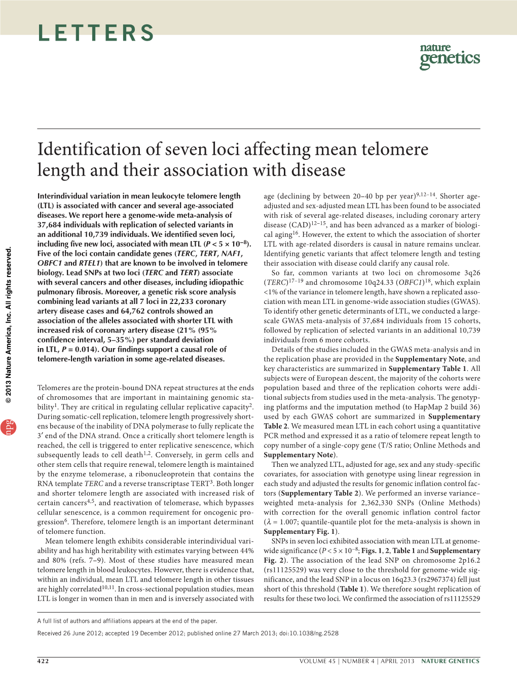 Identification of Seven Loci Affecting Mean Telomere Length and Their Association with Disease