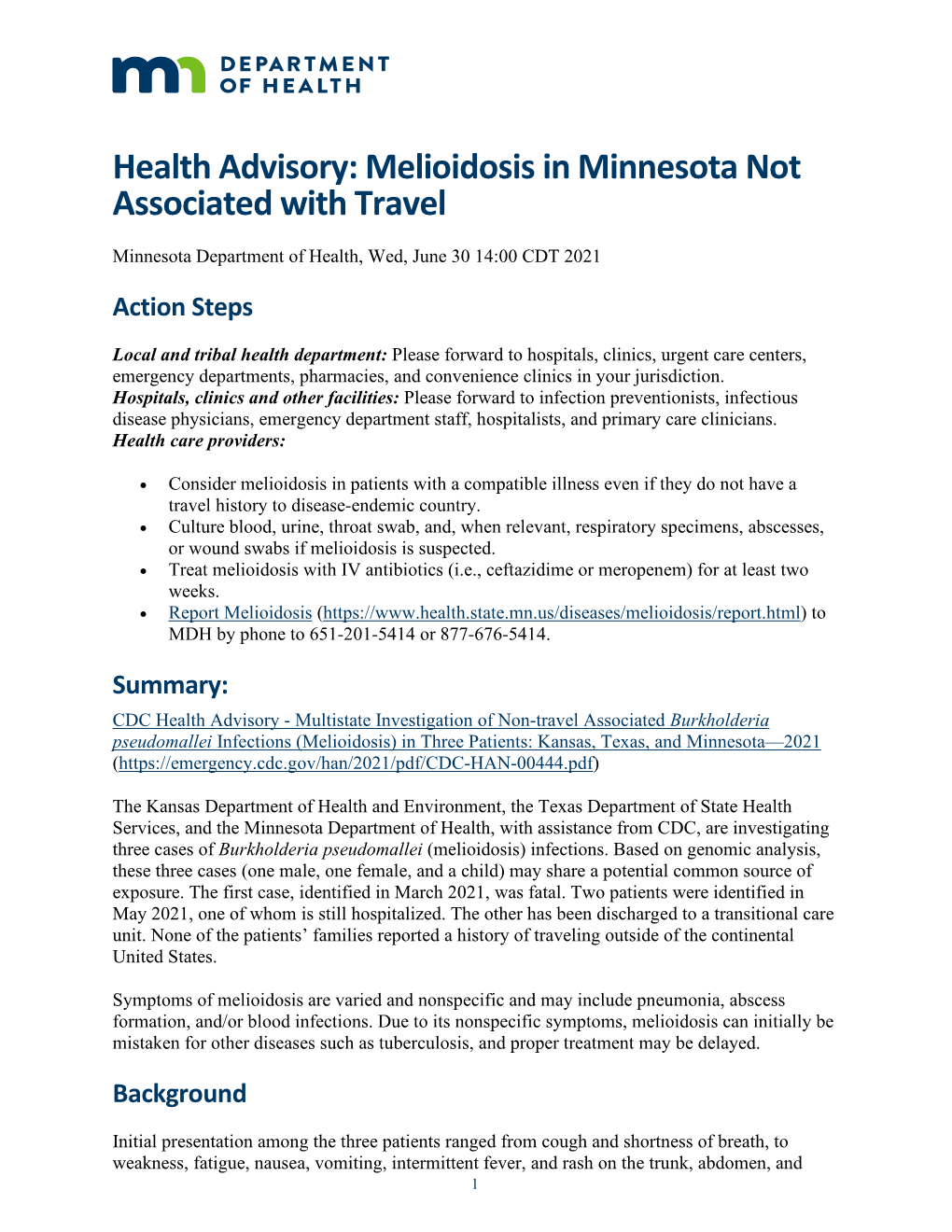 Health Advisory: Melioidosis in Minnesota Not Associated with Travel