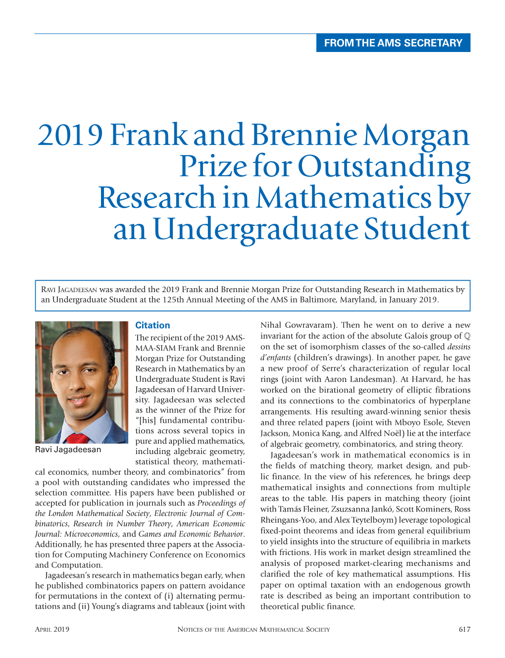 Frank and Brennie Morgan Prize for Outstanding Research by An