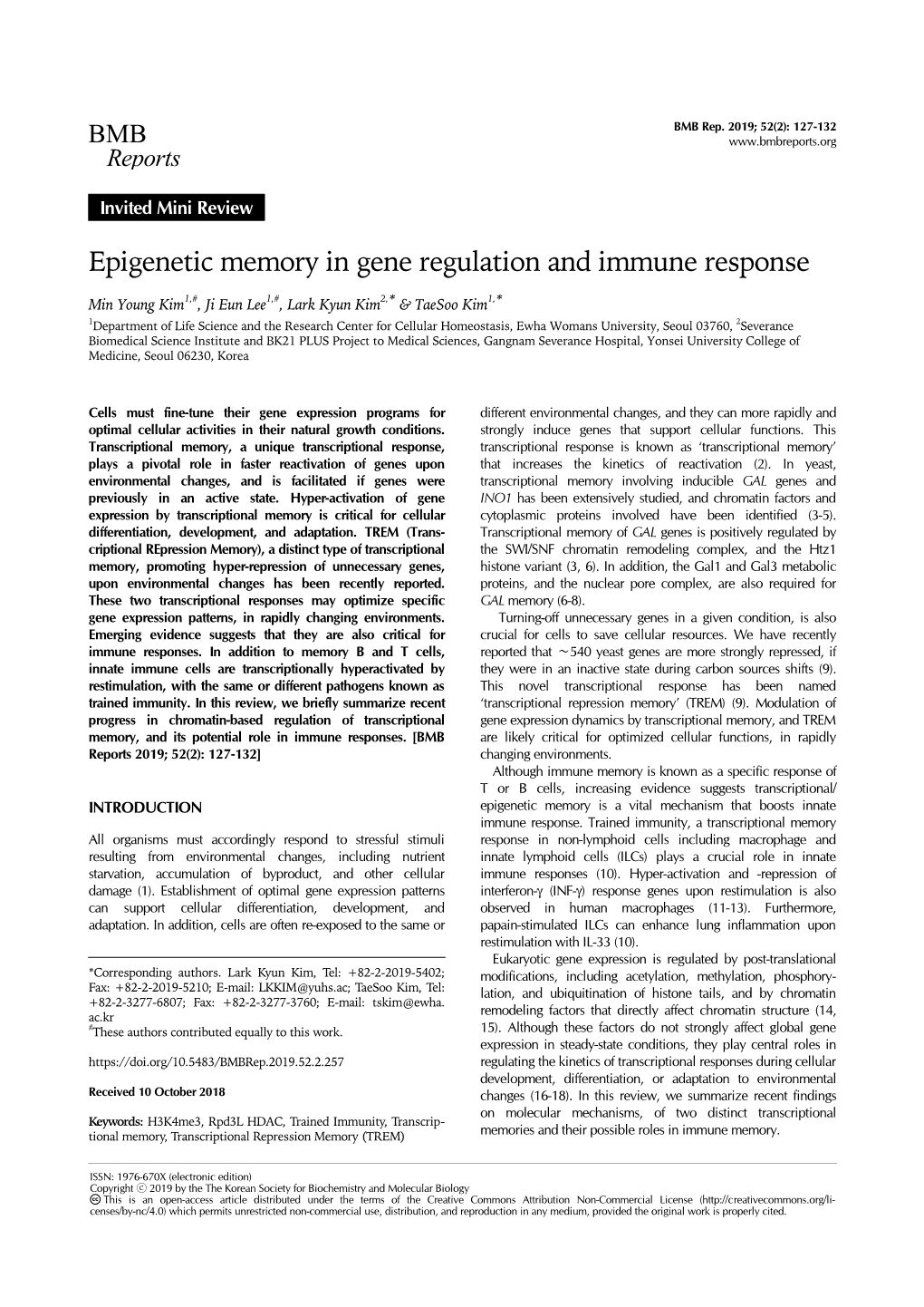 Epigenetic Memory in Gene Regulation and Immune Response