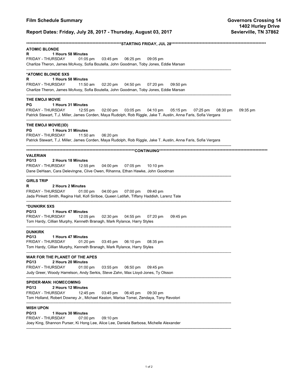 Film Schedule Summary Governors Crossing 14 1402 Hurley Drive Report Dates: Friday, July 28, 2017 - Thursday, August 03, 2017 Sevierville, TN 37862