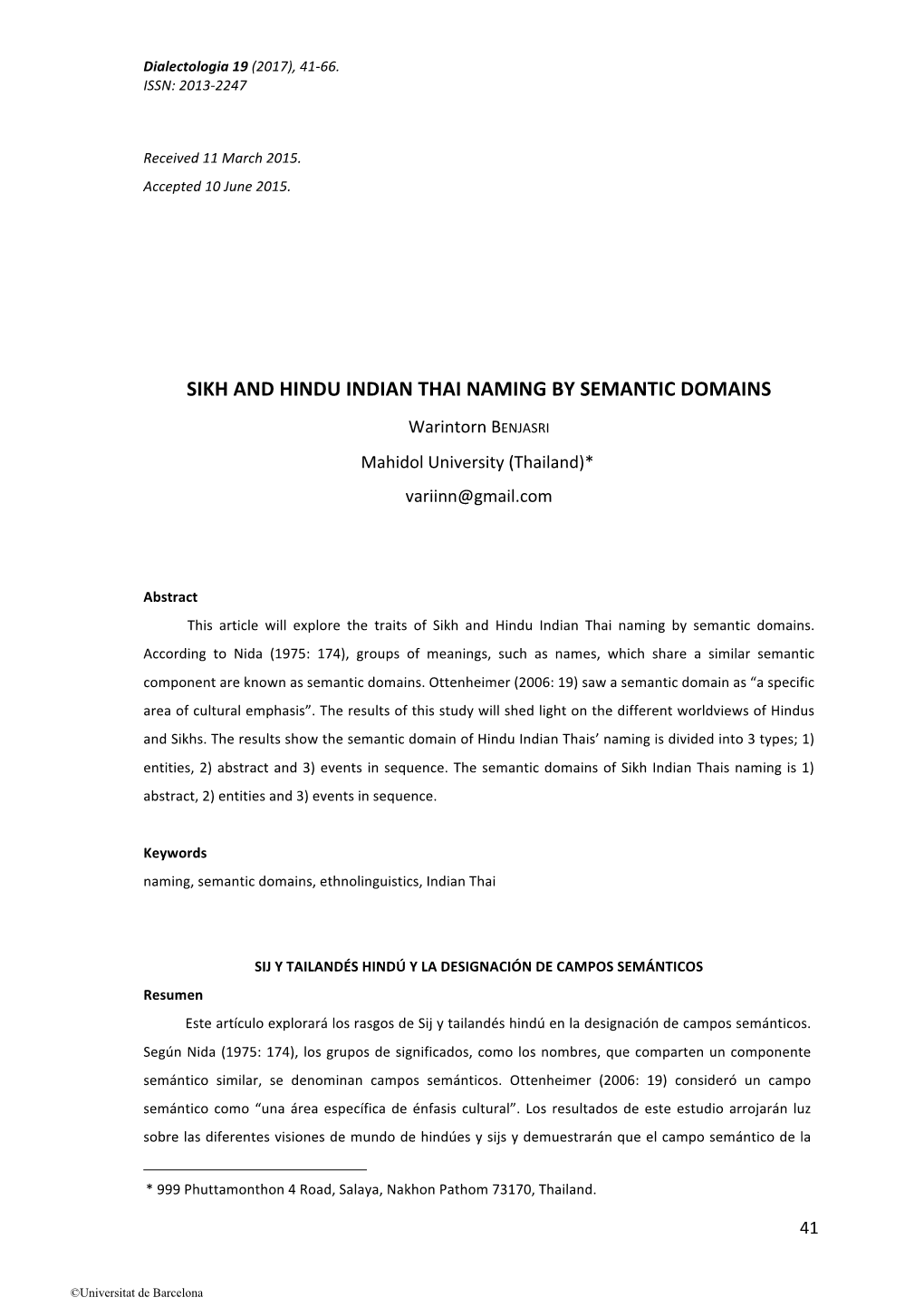 Sikh and Hindu Indian Thai Naming by Semantic Domains