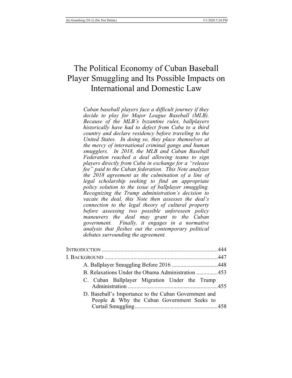 The Political Economy of Cuban Baseball Player Smuggling and Its Possible Impacts on International and Domestic Law
