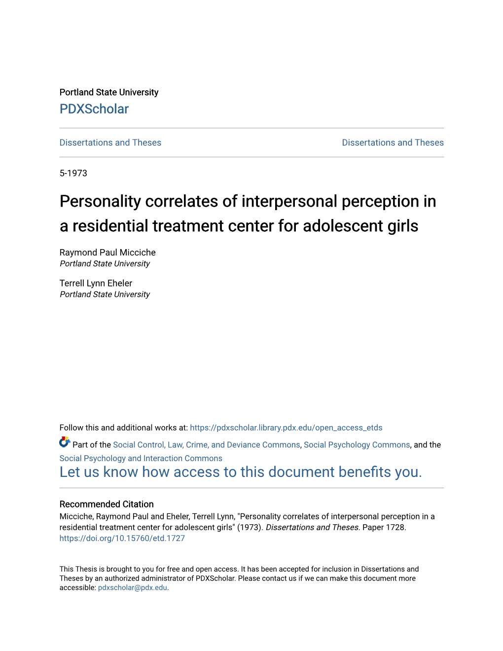 Personality Correlates of Interpersonal Perception in a Residential Treatment Center for Adolescent Girls