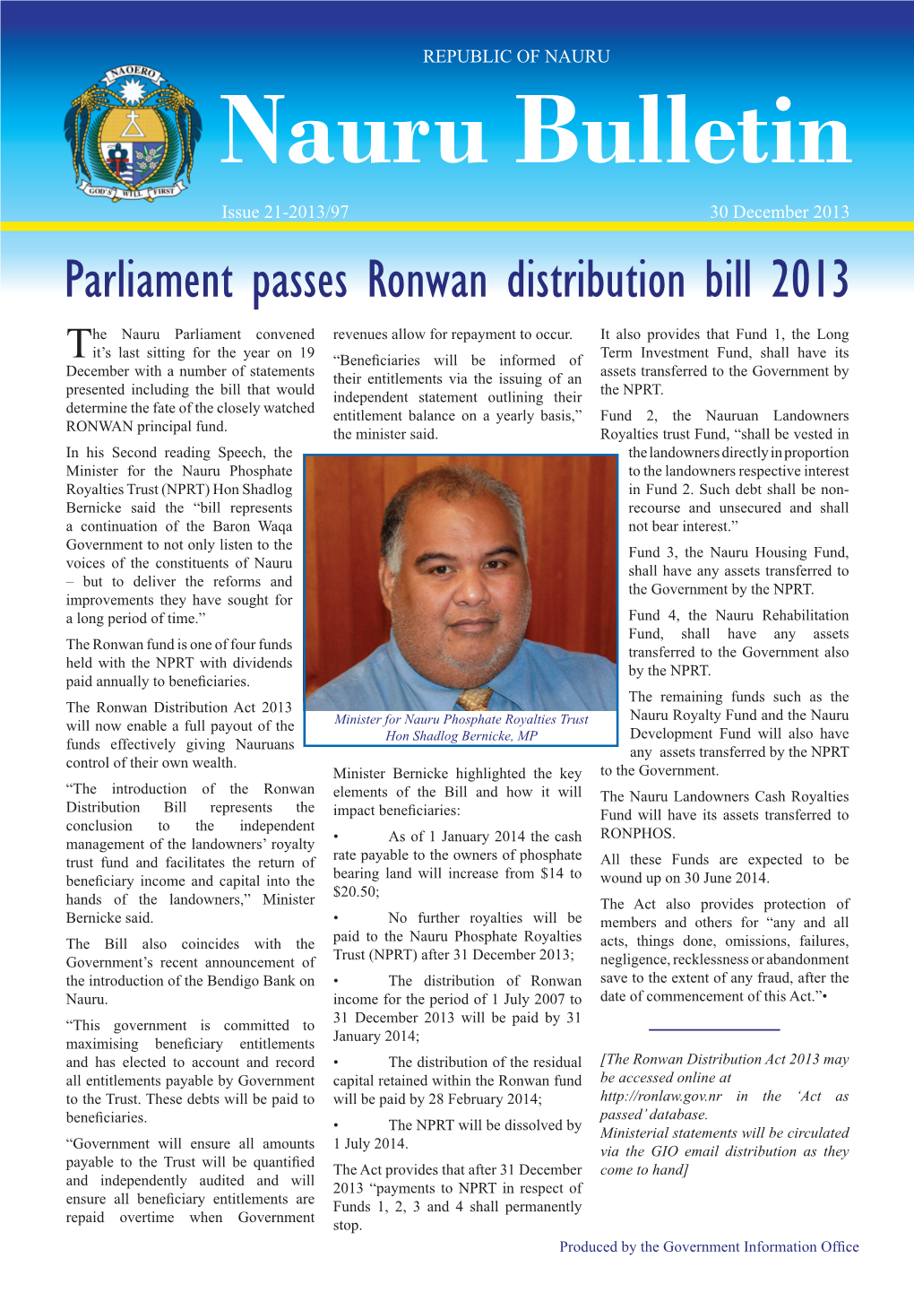 Parliament Passes Ronwan Distribution Bill 2013