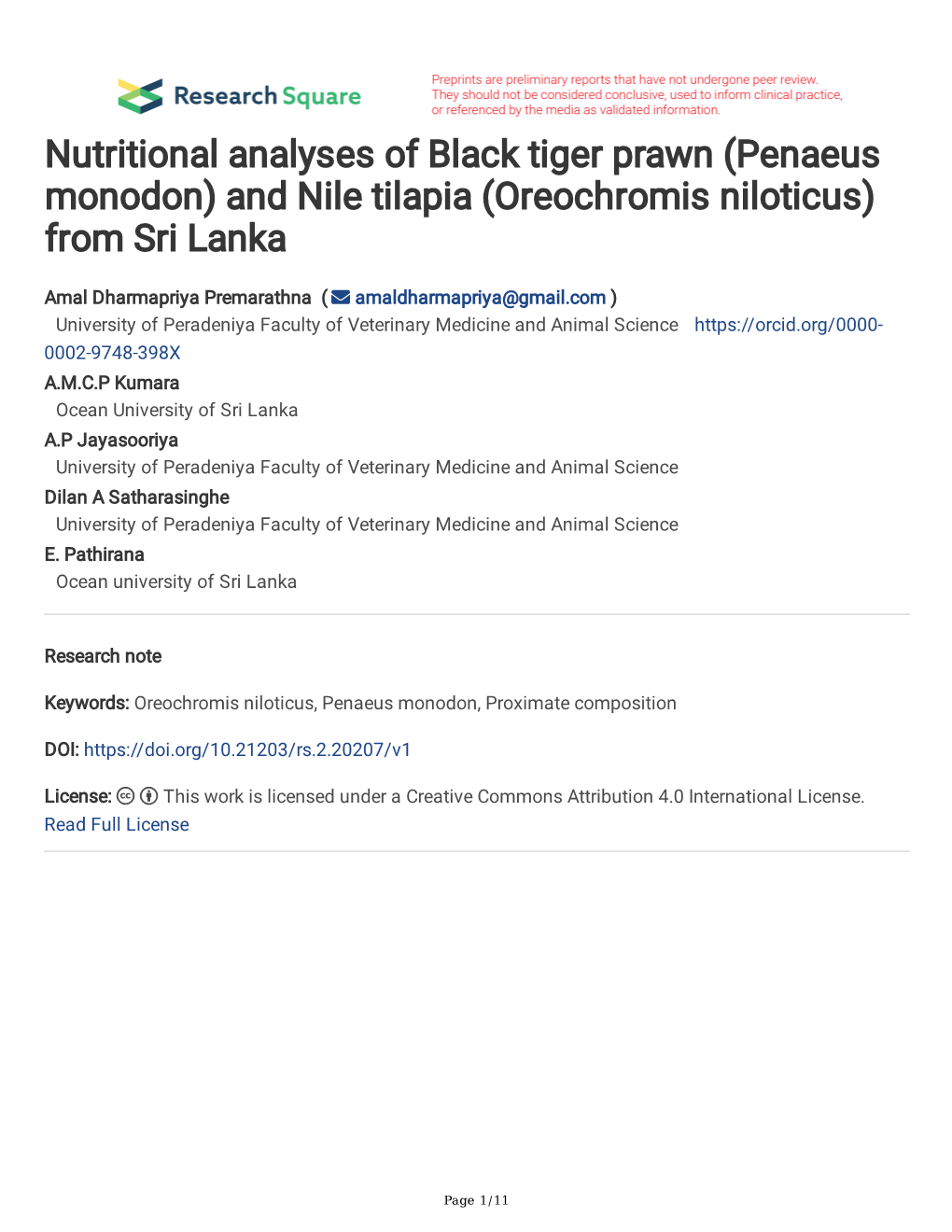 Nutritional Analyses of Black Tiger Prawn (Penaeus Monodon) and Nile Tilapia (Oreochromis Niloticus) from Sri Lanka