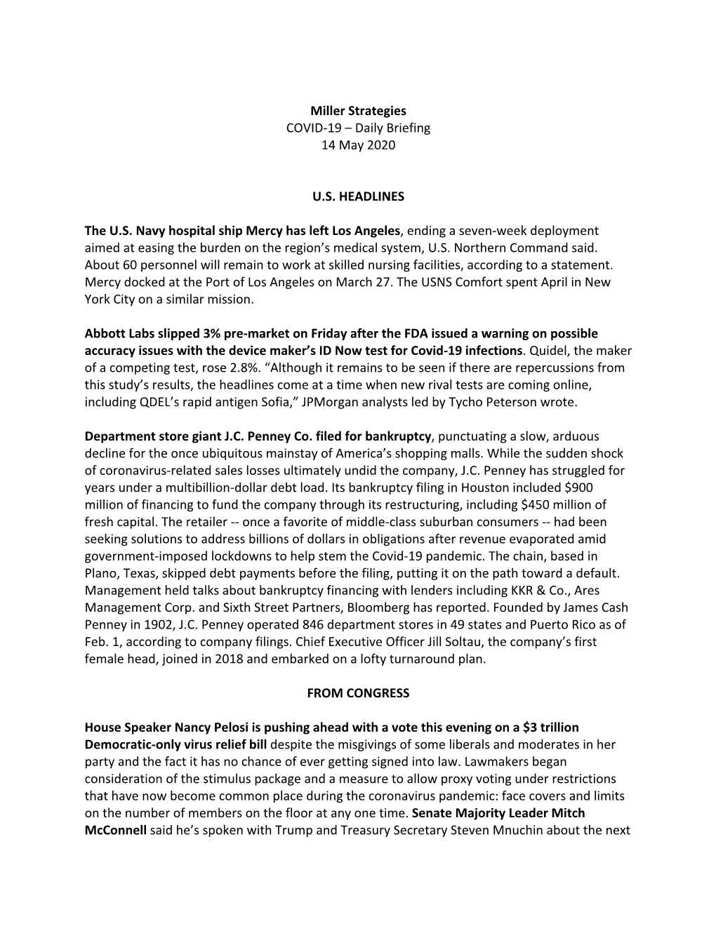 Miller Strategies COVID‐19 – Daily Briefing 14 May 2020 U.S