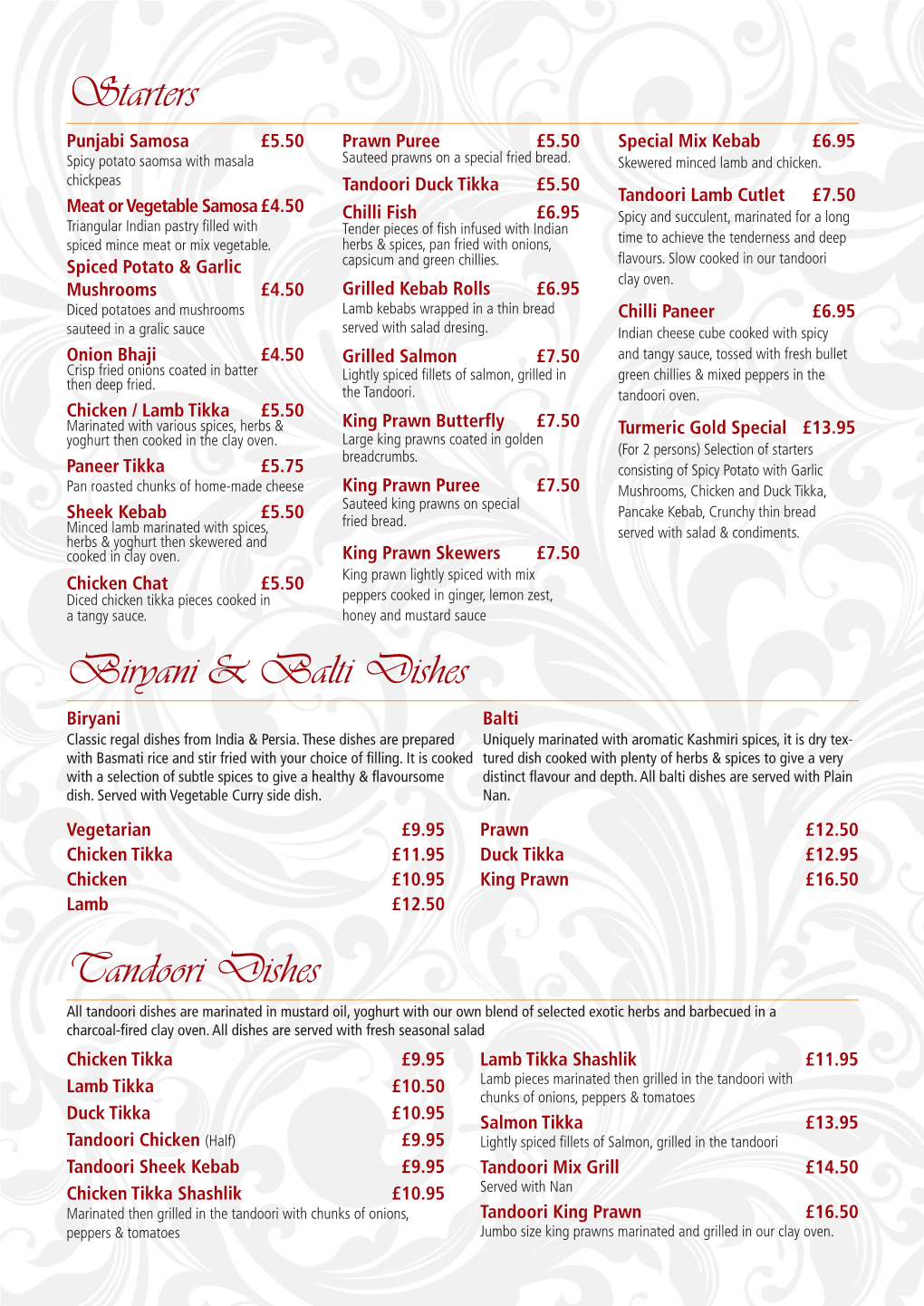 Starters Biryani & Balti Dishes Tandoori Dishes