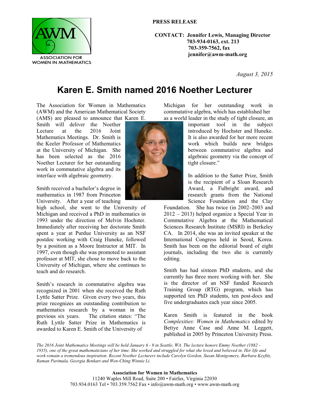 Karen E. Smith Named 2016 Noether Lecturer