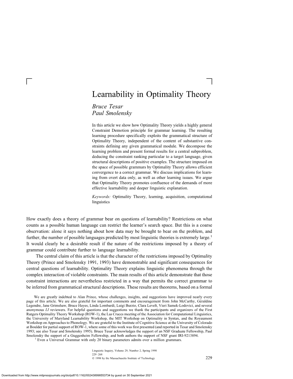 Learnability in Optimality Theory Bruce Tesar Paul Smolensky
