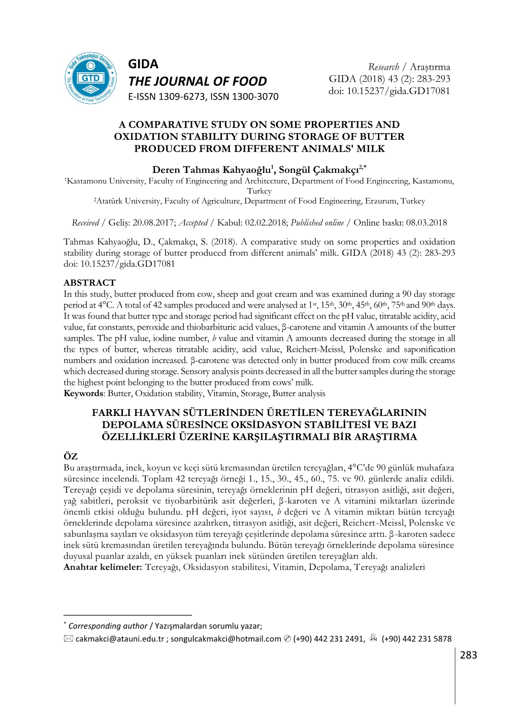 A Comparative Study on Some Properties and Oxidation Stability During Storage of Butter Produced from Different Animals' Milk