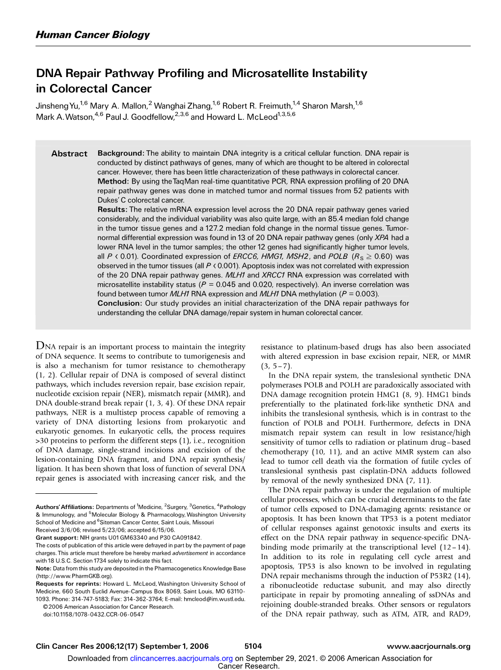 DNA Repair Pathway Profiling and Microsatellite Instability in Colorectal Cancer Jinshengyu,1, 6 Mary A